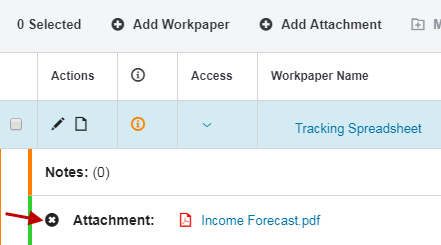 Screen capture showing the X icon for disassociating the attachment.